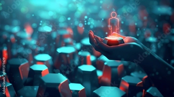 Fototapeta HR requirement . Abstract 3d human hand hold leader icon in hexagon on top of people pyramid. Manage human resources, team leader, recruitment process, change personnel, career growth, leadership.