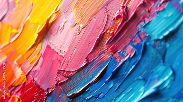 Fototapeta Vibrant close-up of colorful paint strokes blending together, creating a textured abstract masterpiece full of bright and bold hues.