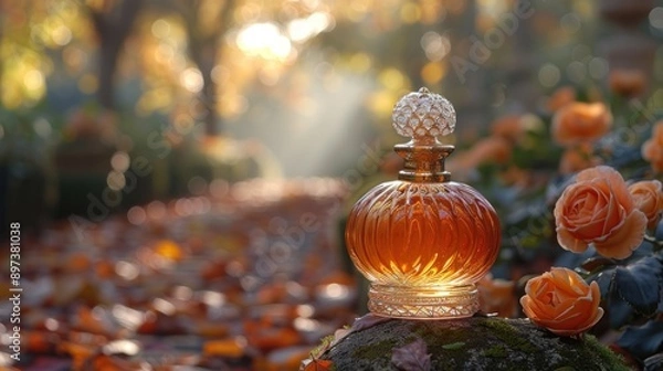 Fototapeta A bottle of perfume resting on a rock in an autumnal setting.