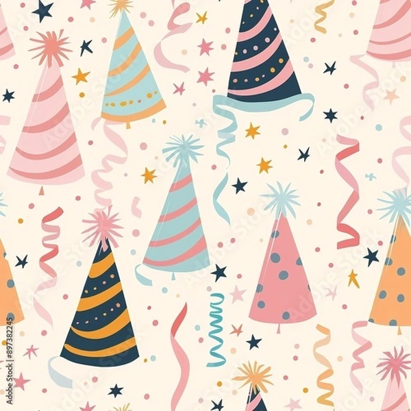 Fototapeta Birthday Party Hats with seamless pattern	