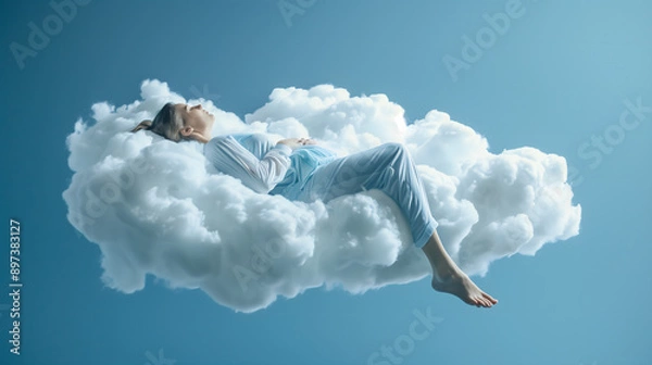 Fototapeta person in the clouds，A person is sleeping on a cloud floating in the air