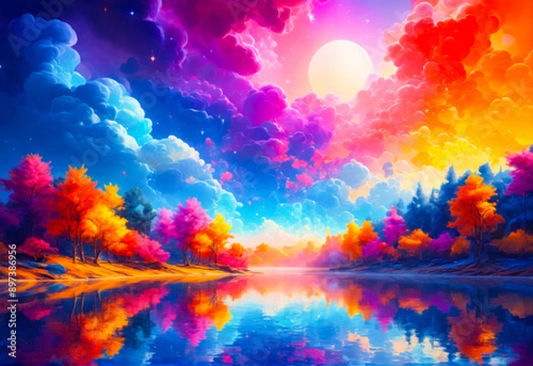 Fototapeta Vibrant fantasy landscape with colorful clouds, a lake, and trees.