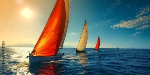 Obraz Sailing Competition: Sailboats racing on the open sea, with vibrant sails and a clear horizon