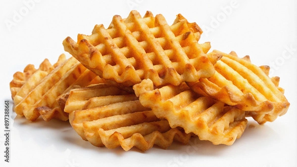 Fototapeta Crispy Golden Waffle Fries on White Background