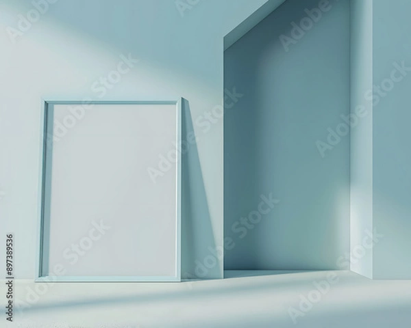 Fototapeta Sleek modern frame on pastel blue wall, 3D render focusing on minimalistic design and soft background