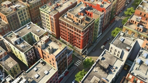 Obraz Generate a photo realistic image of urban energy-efficient retrofitting projects updating old buildings with modern, sustainable technologies; ensure the image is of high resolution for clear 