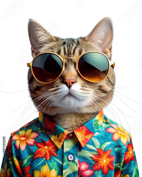 Fototapeta Cool cat wearing sunglasses and a Hawaiian shirt with a floral pattern cut out on a transparent background. Ideal for fun, quirky and summery designs. Cat on vacation in Las Vegas