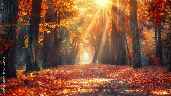Fototapeta Sun Rays Through Autumn Trees