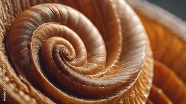 Fototapeta Close-up of a snail shell with spiral pattern. Generative AI