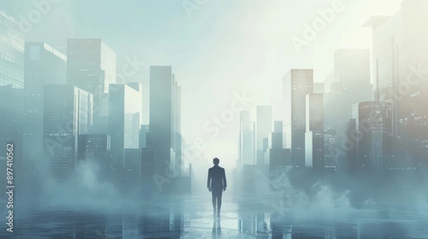 Fototapeta Man in a minimalist suit walking through a modern cityscape, minimalist suit, lifestyle