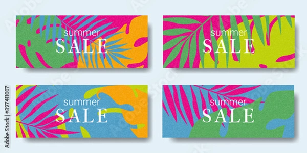 Fototapeta Minimalistic Modern Banner for Summer Sale. Design Bright horizontal Background with tropical abstract Leaves. Concept Template for sale, horizontal poster, header, cover, social media, fashion ads.