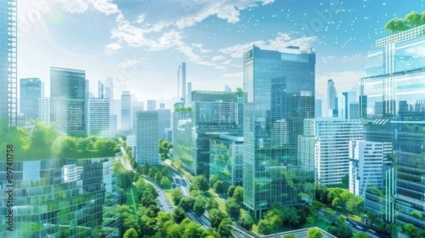 Obraz Generate a photo realistic image of urban smart building systems optimizing energy use and enhancing comfort; ensure the image is of high resolution for clear and detailed quality