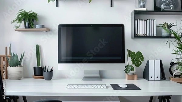 Fototapeta Clean and organized home office with a desktop computer Interior