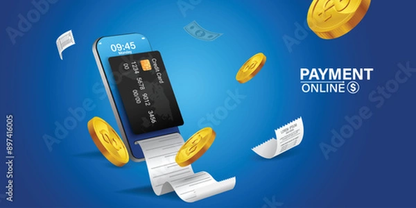 Obraz Bill of expenses is on mobile phone.Pay bills with mobile phone.Online shopping spending.Online shopping via smartphone.Bill payment flat isometric vector concept of mobile payment, shopping, banking.
