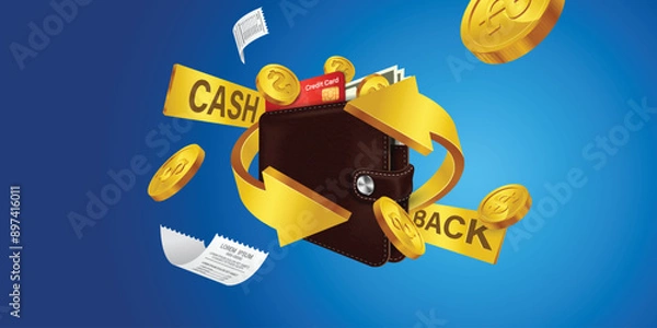 Obraz Cash back, money saving vector concept with dollar coins, wallet, arrows, credit card.Guarantee bonus program finance sticker. Online shopping, cash back sale offer emblem,Cash back service, financial