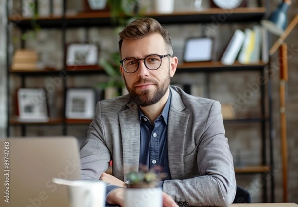 Fototapeta Businessman is sitting in office with laptop