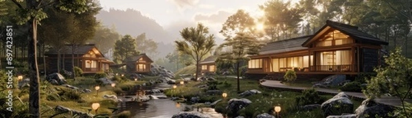 Obraz Scenic view of a tranquil forest setting with cozy wooden cabins near a gentle stream at sunset, surrounded by lush greenery and illuminated softly.