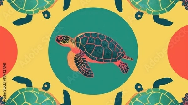 Fototapeta An illustrator design of a minimal green turtle pattern, soft pastel colors, with free space for text on the right side, near a subtle gradient background