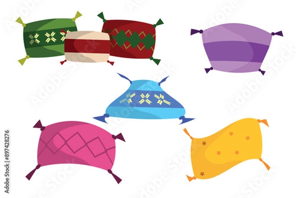 Fototapeta Set of beautiful carpets with tassels in a cartoon style. Vector illustration of colorful carpets with different geometric designs: stars, diamonds, stripes, flowers isolated on white background.