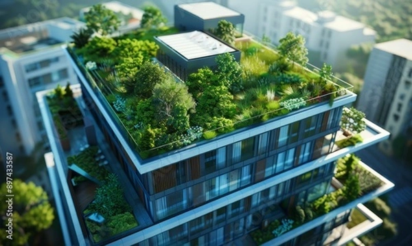 Fototapeta Eco-friendly architecture incorporating green roofs and sustainable materials for energy-efficient buildings