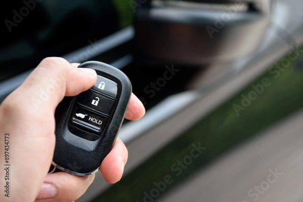 Obraz Man holding a car remote control and is pressing the car door lock button. Close up push the car door lock button on the car remote.
