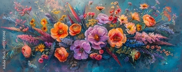 Fototapeta A vibrant pastel drawing of a bouquet of wildflowers.