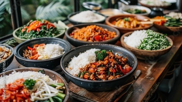 Fototapeta A variety of appetizing dishes including rice, vegetables, and meats, are perfectly arranged for a grand feast, showcasing a wide range of culinary skills and delicious cuisine.