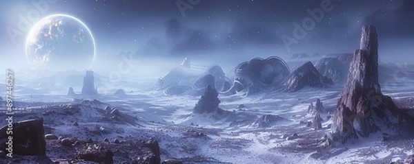 Fototapeta An otherworldly landscape of alien rock formations and strange geological features, bathed in the light of a distant star.