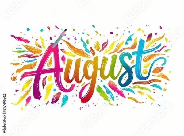 Obraz Sticker Design, colorful cursive text "August", white background Generative AI