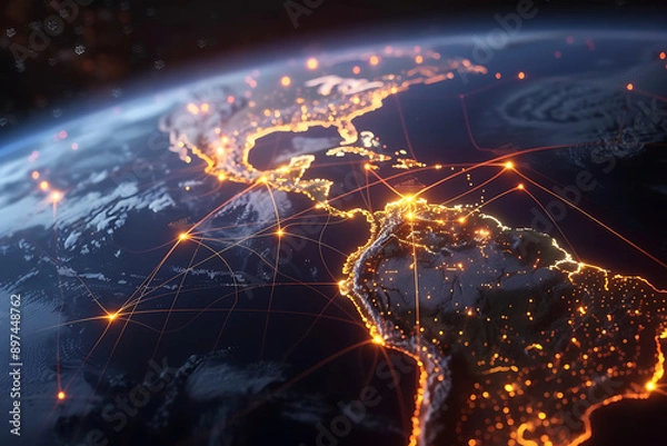 Fototapeta Communication Technology: Global Internet Network Over Earth - Telecommunication and Data Transfer