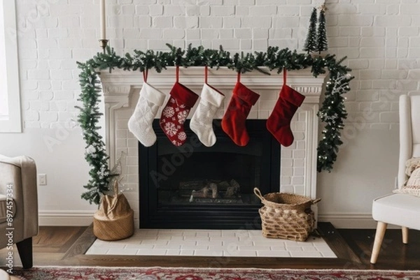 Fototapeta A cozy Christmas fireplace decorated with festive stockings and garland, creating a warm holiday atmosphere.