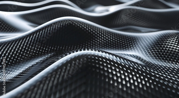 Fototapeta Carbon fiber black background with abstract pattern small white dots creating illusion curved lines waves motion Carbon fiber Concept
