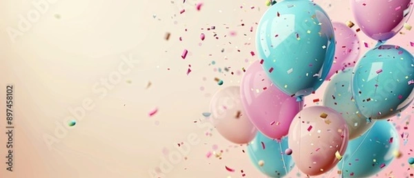 Fototapeta Pastel decorations with floating balloons and shimmering confetti in a soft pink background
