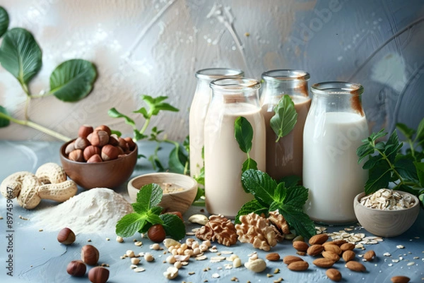 Fototapeta Exploring different types of vegan nut milks with ingredients from nature
