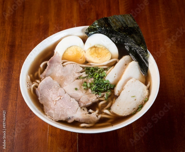 Obraz special wantan soup, with pork meat and vegetables. peruvian food, chifa