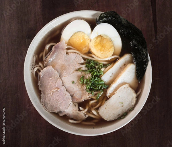 Obraz special wantan soup, with pork meat and vegetables. peruvian food, chifa