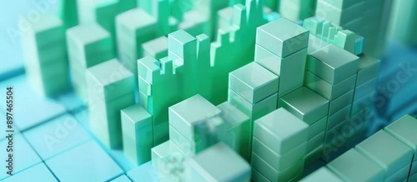 Fototapeta Close-up of 3D mint green blocks depicting a positive stock chart, representing financial success on a blue background.