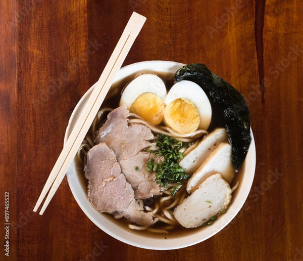 Obraz special wantan soup, with pork meat and vegetables. peruvian food, chifa