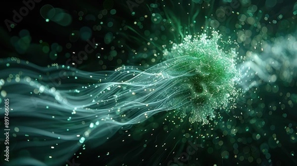 Fototapeta Glowing 3D Holographic Visualization of Cellular Life with Green and White Light Lines on Dark Background