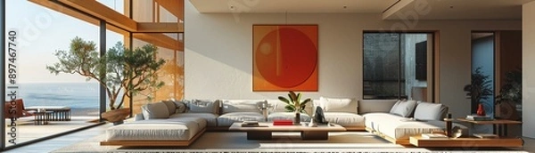 Fototapeta Minimal living room white sofa geometric rug abstract art on the wall floortoceiling windows warm natural light Contemporary Illustration
