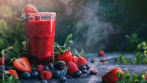 Obraz  Freshly squeezed mixed berry juice with a medley of strawberries, blueberries, raspberries, and blackberries, arranged beautifully against a neutral backdrop. . 
