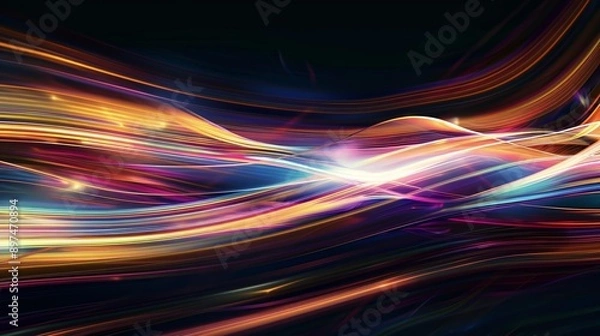 Fototapeta Abstract bright light trails flowing with dynamic motion on dark background for futuristic technology or internet speed concept