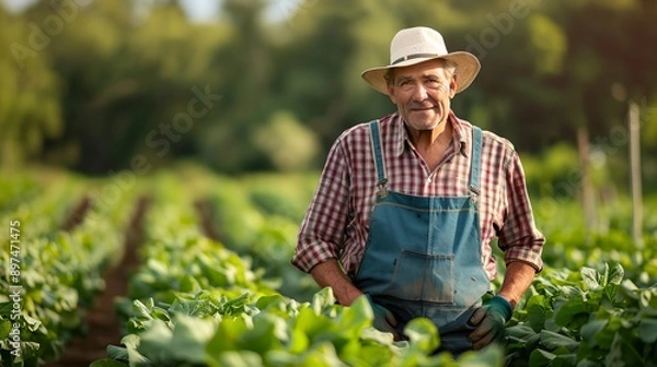 Fototapeta A man in a straw hat and blue overalls stands in a field of green plants