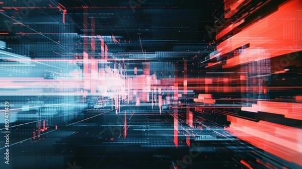Obraz Glowing lines and geometric shapes creating a perspective in abstract technology background