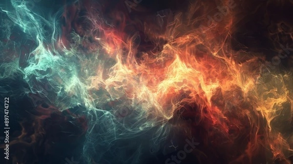 Fototapeta Spectacular abstract nebula clouds creating swirling turquoise and orange smoke patterns