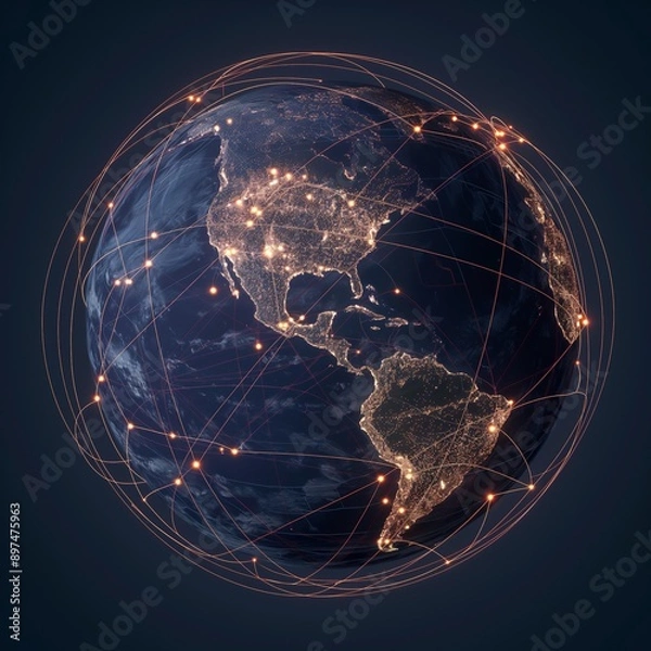 Obraz Full planet earth a view from space at night world communication lines. America
