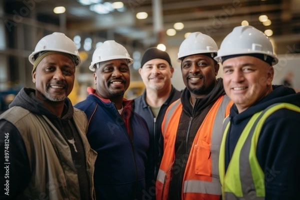 Fototapeta Portrait of diverse male construction workers on site