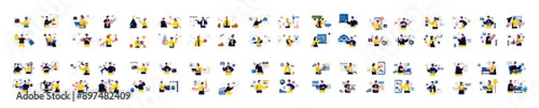 Fototapeta Mega set of yellow concepts with people scene in flat cartoon design. Every scene in this collection is filled with detail, creating vivid and engaging visual content. Vector illustration.