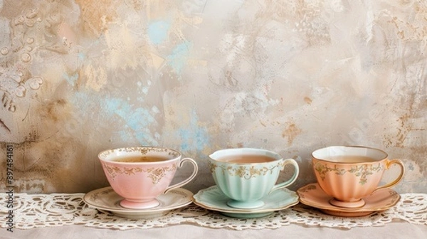 Fototapeta vintage tea party, invitation design with elegant teacups on lace, perfect for a tea party background allows for customizable text