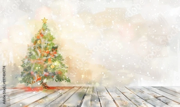 Fototapeta an empty wooden table in a setting with a christmas tree, in the style of light white and light brown, multilayered texture, bokeh, light orange and light gray, organic